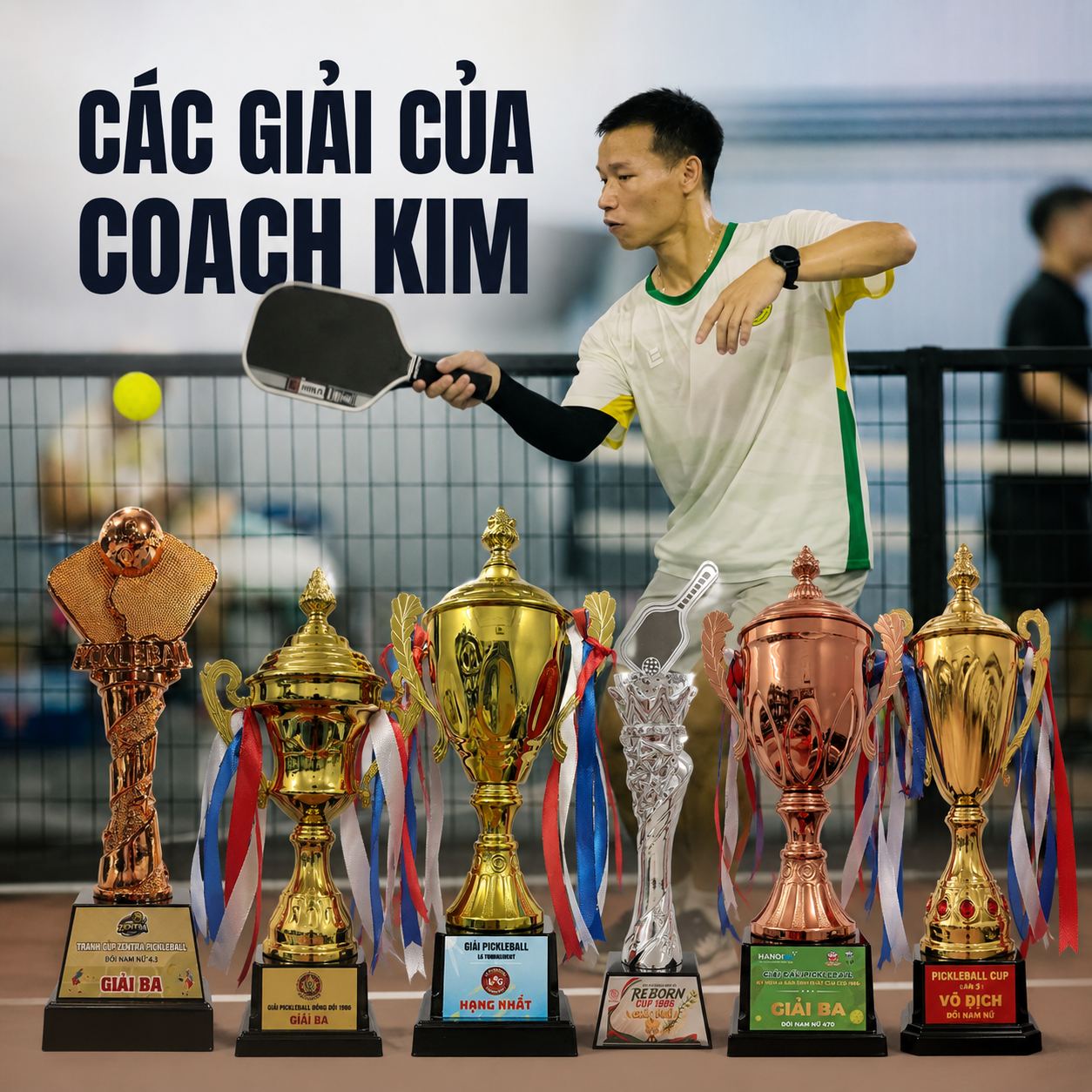 Bộ sưu tập cúp và huy chương các giải pickleball của Coach Kim